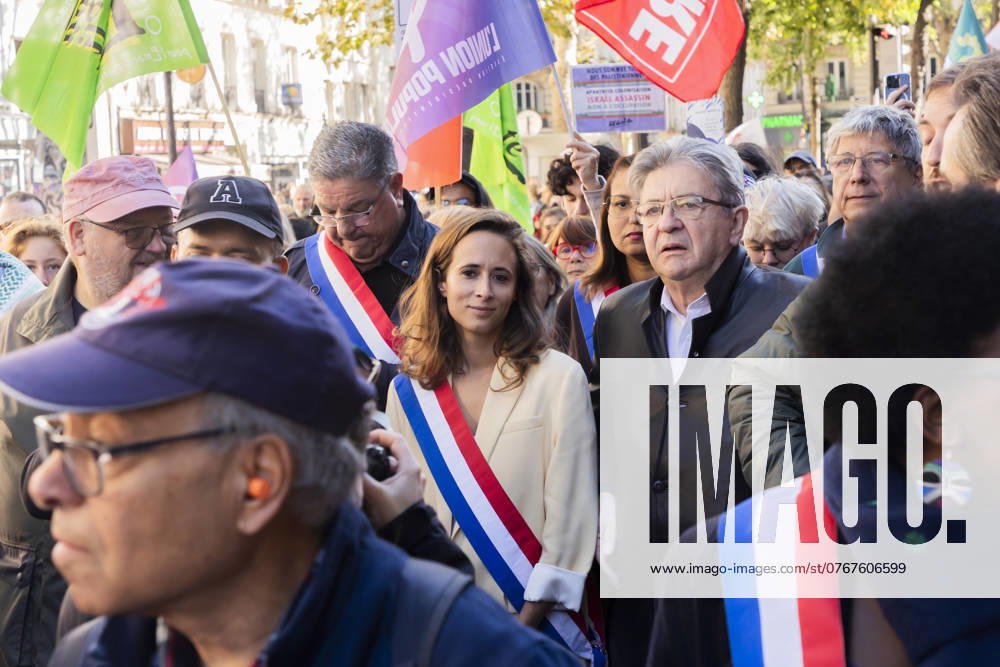 Paris, France October 5, 2024 - Demonstration organized by the Association France Palestine Solidarità (AFPS) to denounce Israel s war in Gaza and Lebanon. Pro-Palestinian demonstrators are participating in national marches across EMEA to mark the start of Israel s war in Gaza after the Hamas attacks of October 7th 2023. They are calling for a ceasefire in the Middle East and an end to the supply of arms to Israel - Jean-Luc Melenchon, Clemence Guette GUERRE, MANIFESTATION PRO PALESTINIENNE, GAZA, PROCHE ORIENT, MOYEN ORIENT, MIDDLE EAST, LIBAN, CONFLIT, GEOPOLITIQUE, ISRAEL, MANIFESTANTS, ARABES, POLITIQUE, GOUVERNEMENT, DIASPORA, MOUVEMENT DE RESISTANCE, TERRITOIRES PALESTINIENS OCCUPES