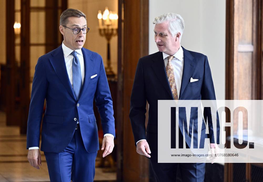 Finland s president Alexander Stubb and King Philippe - Filip of Belgium pictured during an audience of the Belgian King with Finnish s President Stubb, at the Royal Castle in Laken Laeken, Brussels, Tuesday 08 October 2024. ERICxLALMAND 102153418