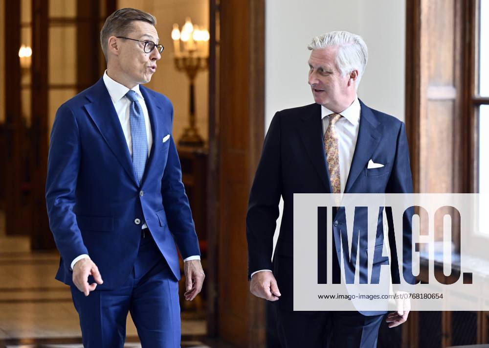 Finland s president Alexander Stubb and King Philippe - Filip of Belgium pictured during an audience of the Belgian King with Finnish s President Stubb, at the Royal Castle in Laken Laeken, Brussels, Tuesday 08 October 2024. ERICxLALMAND 102153426