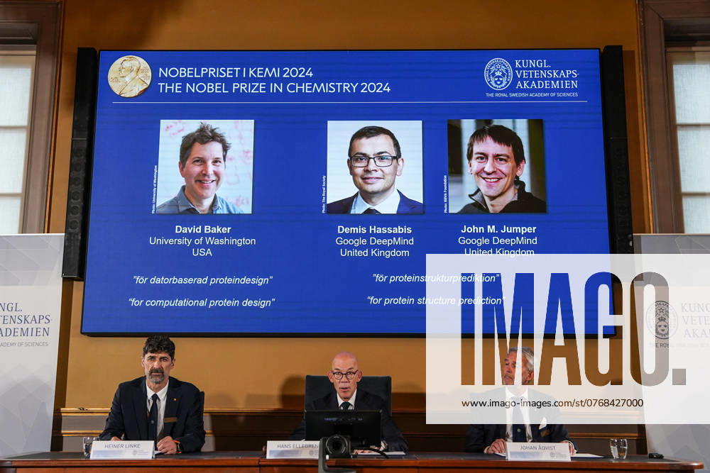 (241009) -- STOCKHOLM, Oct. 9, 2024 -- The 2024 Nobel Prize in Chemistry is announced in Stockholm, Sweden, Oct. 9, 2024. The 2024 Nobel Prize in Chemistry was awarded to David Baker for computational protein design, and to the duo Demis Hassabis and John M. Jumper for protein structure prediction, the Royal Swedish Academy of Sciences said on Wednesday. ) (FOCUS) SWEDEN-STOCKHOLM-2024 NOBEL PRIZE-CHEMISTRY PengxZiyang