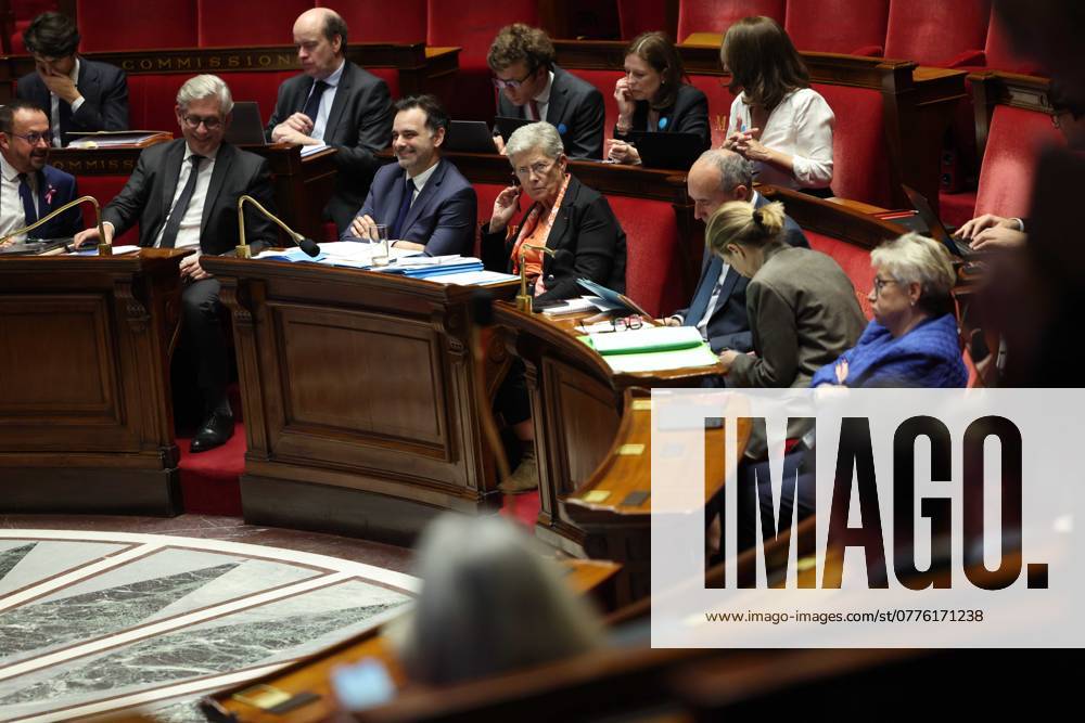 Paris, France le 28 octobre 2024 - Examen en seance publique du Budget de la Securite sociale pour 2025, le PLFSS - Public session examination of the Social Security Budget for 2025, the PLFSS Ici Genevieve Darrieussecq, ministre de la sante et de l acces aux soins, Paul Christophe, ministre des solidarites, de l autonomie et de l egalite entre les femmes et les hommes, Astrid Panosyan-Bouvet, ministre du travail et de l emploi, et Laurent Saint-Martin, ministre delegue charge du budget et des comptes publics et Frederic Valletoux