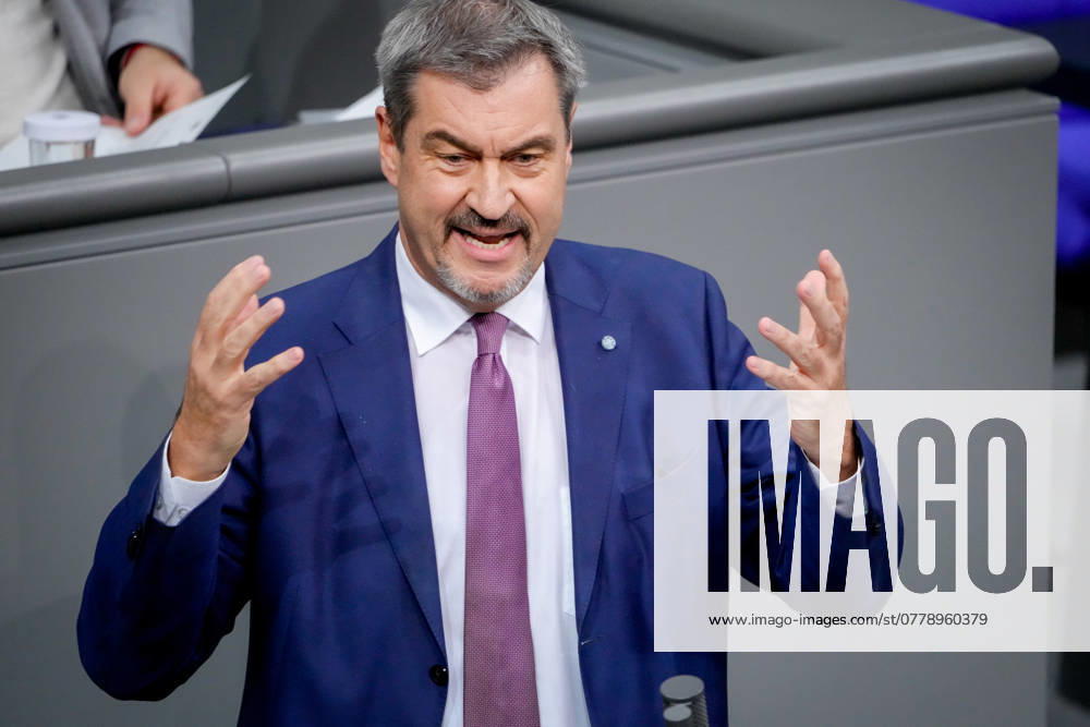 German Bundestag, 199 plenary session Markus Soeder CSU in portrait with raised hands during his speech on the government statement on the current situation of the Federal Chancellor at the 199 session of the German Bundestag in Berlin, 13 11 2024 Berlin Berlin Germany
