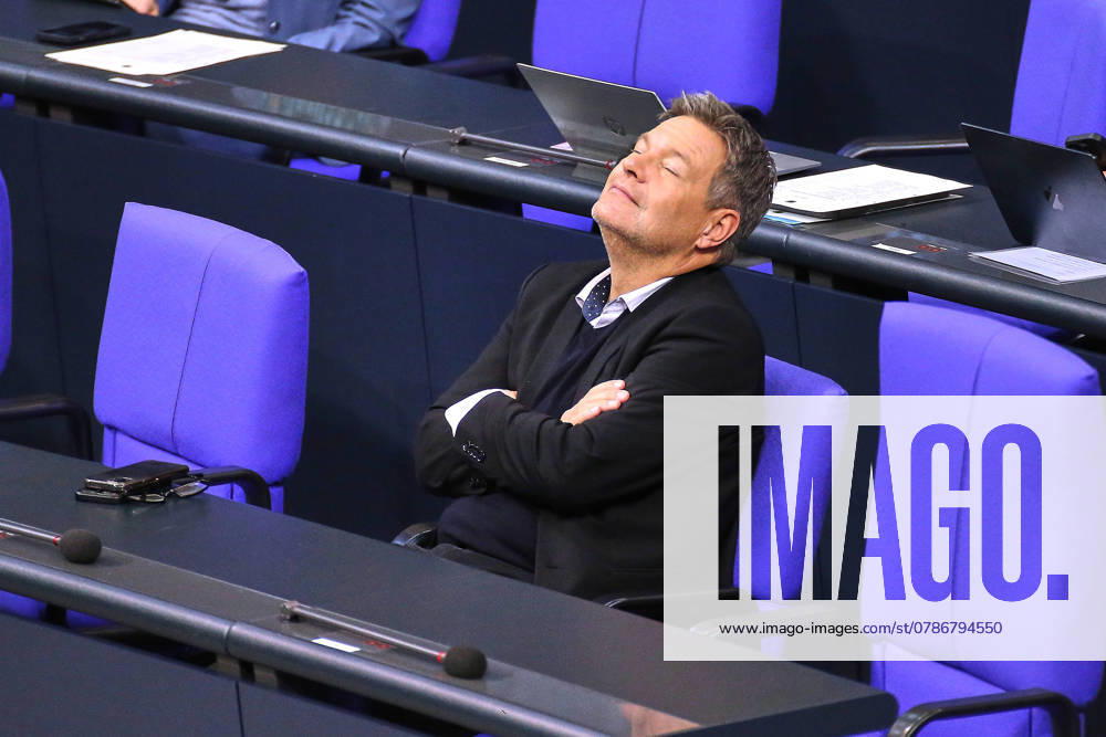 German Bundestag 207 Bundestag session Federal Minister for Economic Affairs and Climate Protection Robert Habeck Bündnis90 Die Grünen leans back with his arms folded
