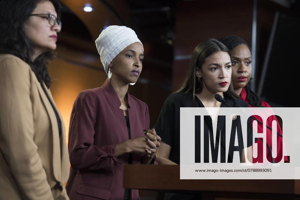 House Freshman UNITED STATES - JULY 15: From left, Reps. Rashida Tlaib, D-Mich., Ilhan Omar, D-Minn., Alexandria Ocasio-Cortez, D-N.Y., and Ayanna Pressley, D-Mass., conduct a news conference in the Capitol Visitor Center responding to negative comments by President Trump that were directed at the freshman House Democrats on Monday, July 15, 2019. (Photo By Tom Williams CQ Roll Call) Washington DC United States