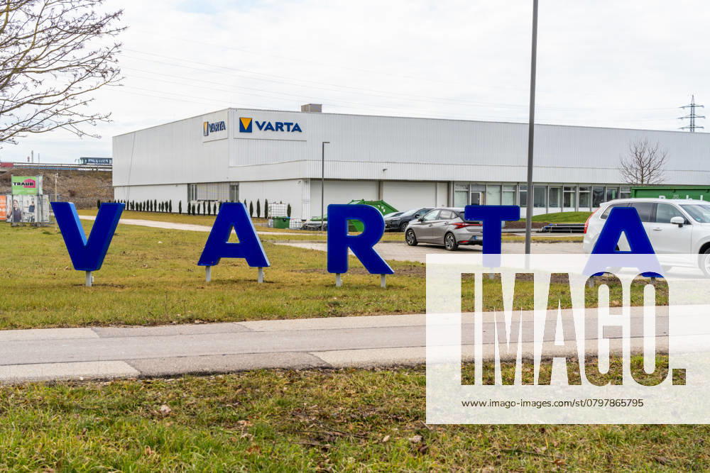 Nördlingen, Bavaria, Germany - 25 January 2025: The Varta plant in Nördlingen, a production facility of VARTA AG, specializing in the manufacture of batteries, with a prominent company sign in the foreground