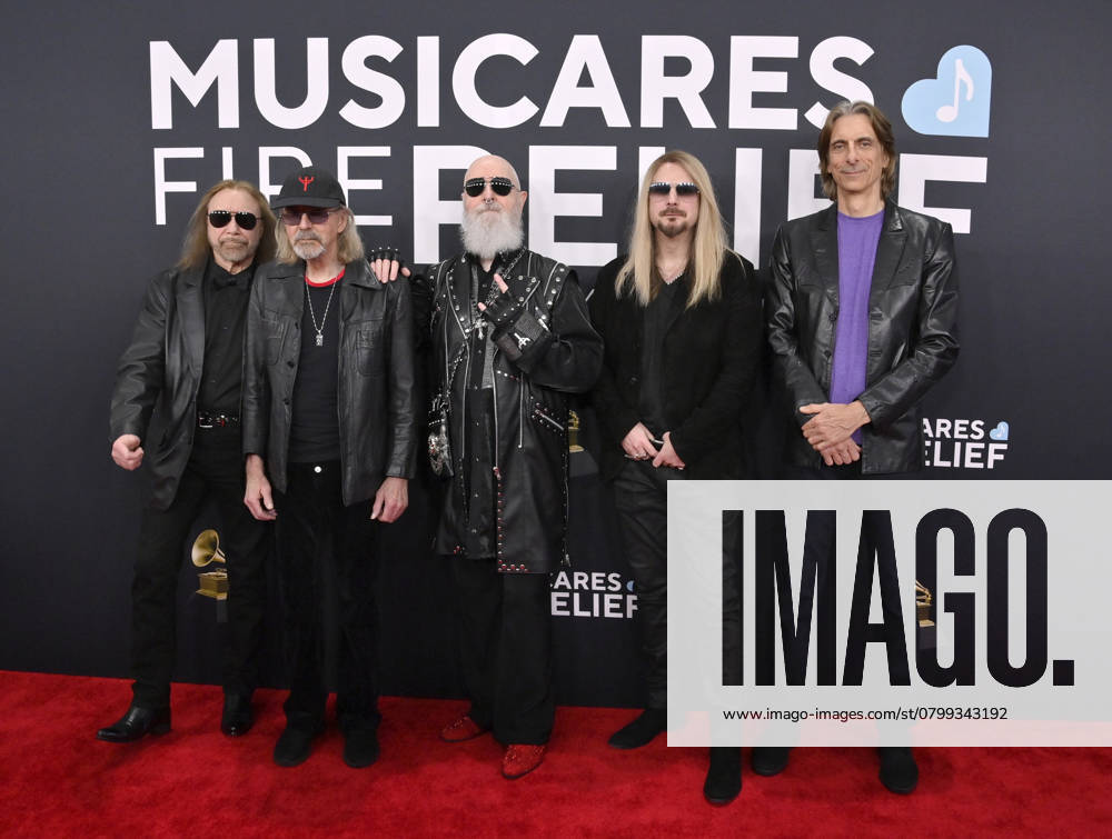 (L-R) Ian Hill, Glenn Tipton, Richie Faulkner Rob Halford and Scott Travis of Judas Priest arrive for the 67th Annual Grammy Awards at Crypto.com Arena in Los Angeles on February 2, 2025. The awards ceremony will honor the best recordings, compositions, and artists from September 16, 2023, to August 30. 2024, as chosen by the members of the Recording Academy. LAP20250202343 JIMxRUYMEN