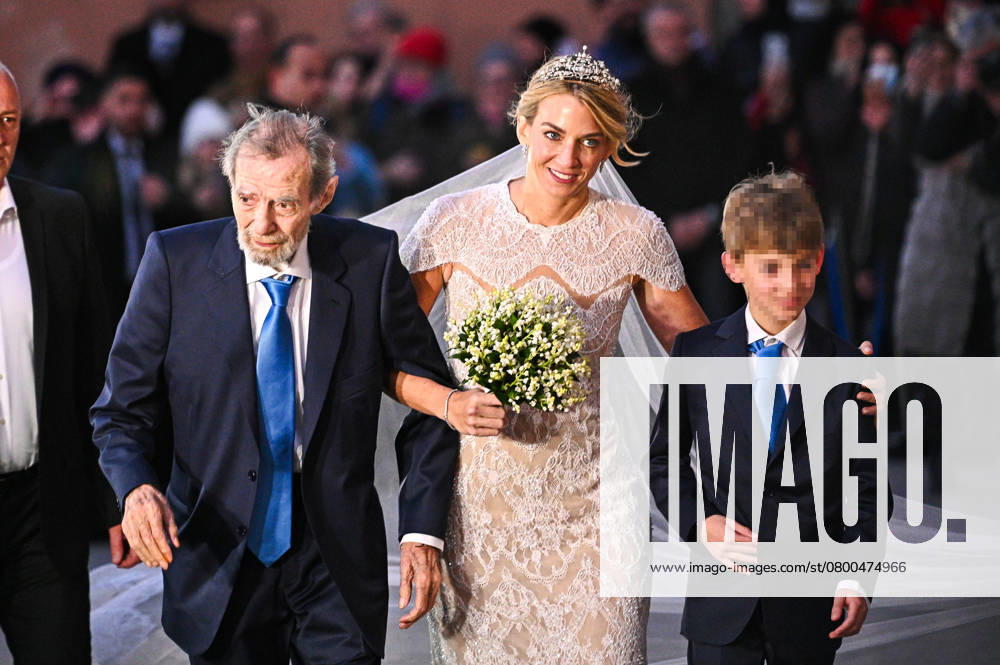 CHRYSI VARDINOGIANNIS arrives with her father GEORGIOS VARDINOGIANNIS at her wedding with Prince NIKOLAOS of Greece with CHRYSI VARDINOGIANNIS, in St. Nicholas Ragavas, in Athens, Greece, on February 7, 2025. Athens Greece - ZUMAk160 20250207_zip_k160_011