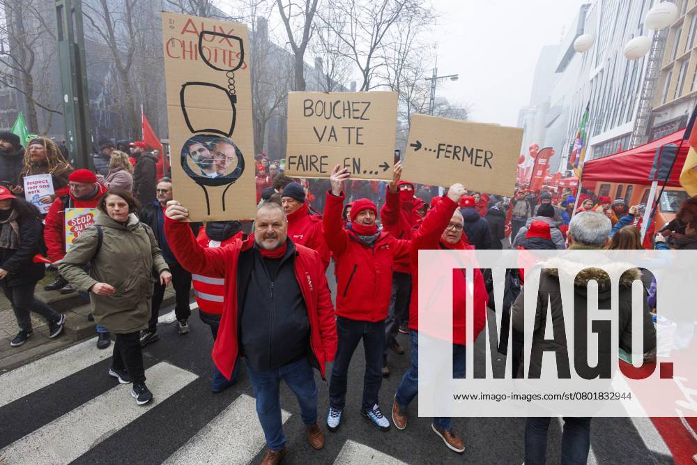 Protesters pictured during a national demonstration against the new government declaration, organized by the three national trade unions, Thursday 13 February 2025 in Brussels. NICOLASxMAETERLINCK 112369169