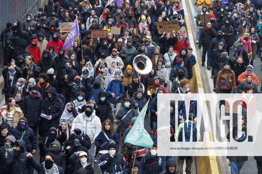 Protesters pictured during a national demonstration against the new government declaration, organized by the three national trade unions, Thursday 13 February 2025 in Brussels. NICOLASxMAETERLINCK 112369385