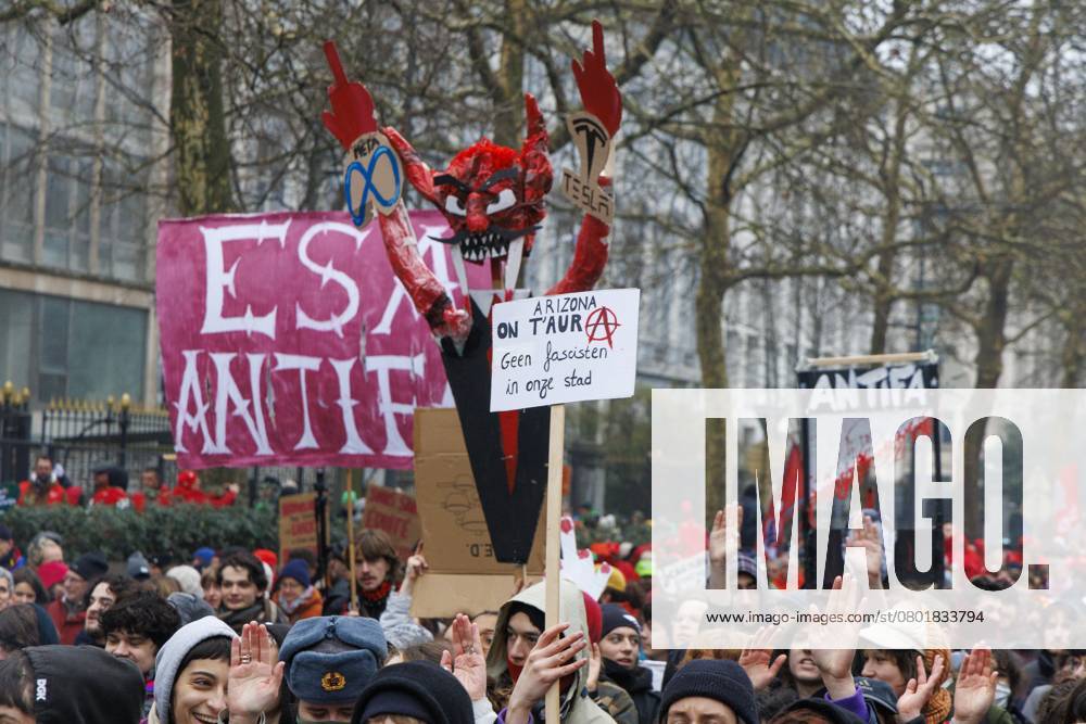 Protesters pictured during a national demonstration against the new government declaration, organized by the three national trade unions, Thursday 13 February 2025 in Brussels. NICOLASxMAETERLINCK 112369459
