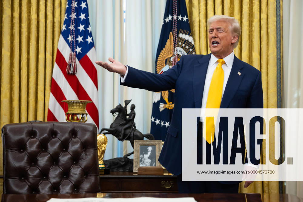 President Donald Trump speaks with reporters in the Oval Office at the White House Feb. 21, 2025. (Francis Chung POLITICO)