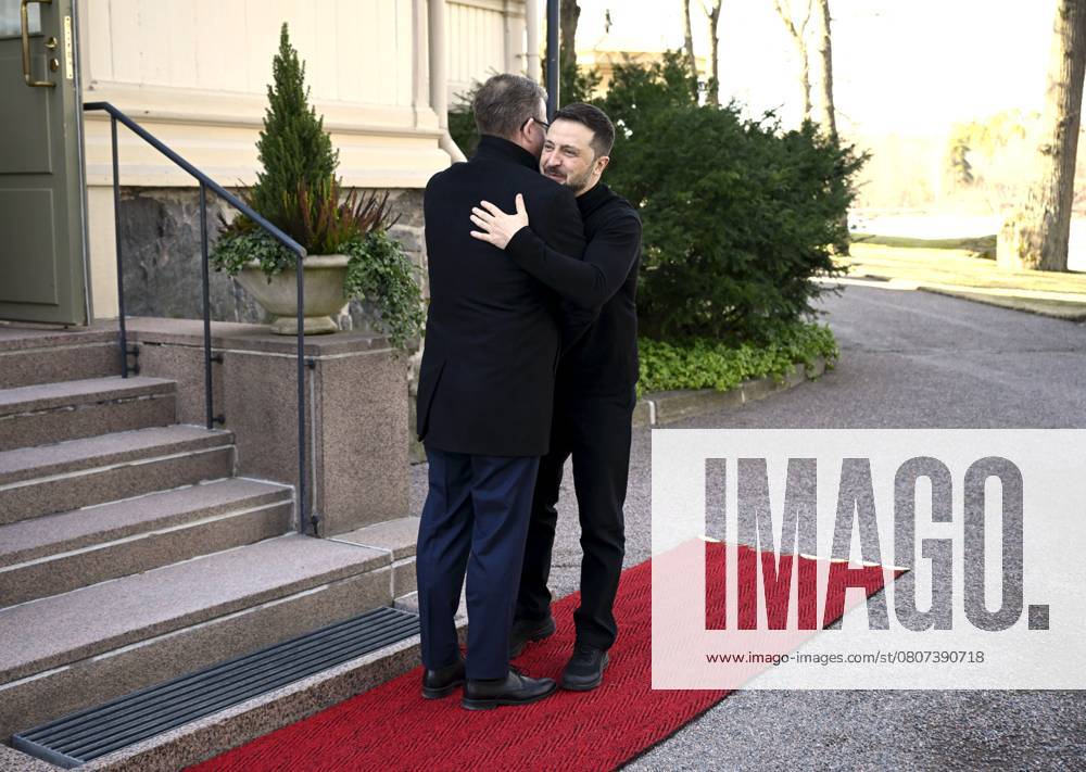 Finnish Prime Minister Petteri Orpo (L) welcomes visiting Ukrainian President Volodymyr Zelensky on the yard of the Prime Minister s official residence Kesäranta in Helsinki, Finland on March 19, 2025. President Zelensky and First Lady Zelenska are on an official visit to Finland. Helsinki Finland