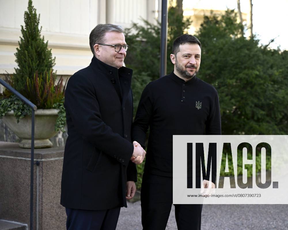 Finnish Prime Minister Petteri Orpo (L) welcomes visiting Ukrainian President Volodymyr Zelensky on the yard of the Prime Minister s official residence Kesäranta in Helsinki, Finland on March 19, 2025. President Zelensky and First Lady Zelenska are on an official visit to Finland. Helsinki Finland
