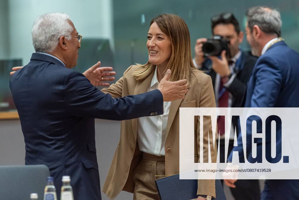 BRUSSELS - European Commission President Antonio Costa andPresident of the European Parliament Roberta Metsola at the European Summit. The leaders will discuss, among other things, developments in Ukraine and strengthening Europe s defense preparedness. ANP JONAS ROOSENS netherlands out - belgium out