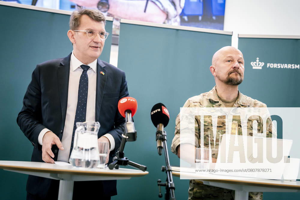 DENMARK The Minister of Defence holds a press conference on the launch of the drone center Minister of Defence Troels Lund Poulsen V and Deputy Chief of Defence Kenneth Pedersen hold a press conference on the launch of the drone center at HCA Airport in Odense, Friday, March 28, 2