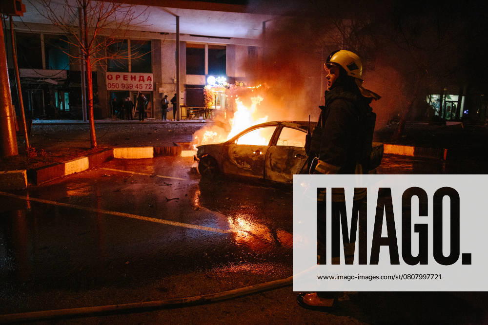 Consequences Of The Attack On Kharkiv A firefighter stands near the impact site, in Kharkiv, Ukraine, on March 29, 2025. At least two people were killed and more than 25 were injured in the Russia attack with Shahed-type drones in Kharkiv. Kharkiv Ukraine