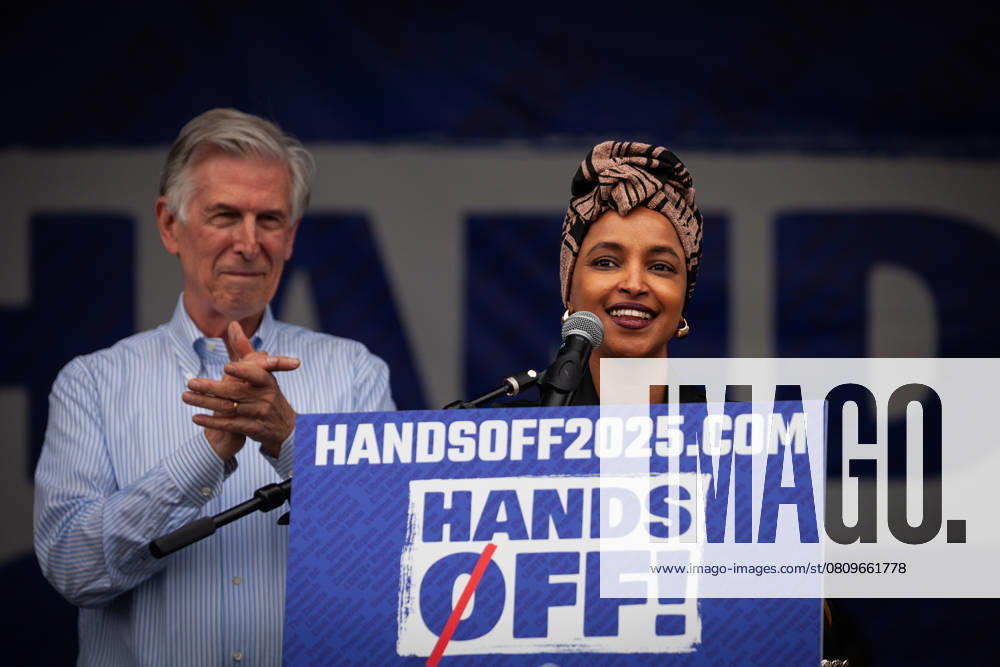 More than 100,000 attend anti-Trump protest in Washington, DC Rep. Ilhan Omar (D-MN) speaks to more than 100,000 people protesting the Trump administrations massive employment and funding cuts, and authoritarian seizure of power, in Washington, U.S., on April 5, 2025. Most of the closures and cuts have been executed by Elon Musks Department of Government Efficiency (DOGE), and numerous lawsuits have been filed to contest the constitutionality of DOGE and specific actions it has taken. Washington DC United States
