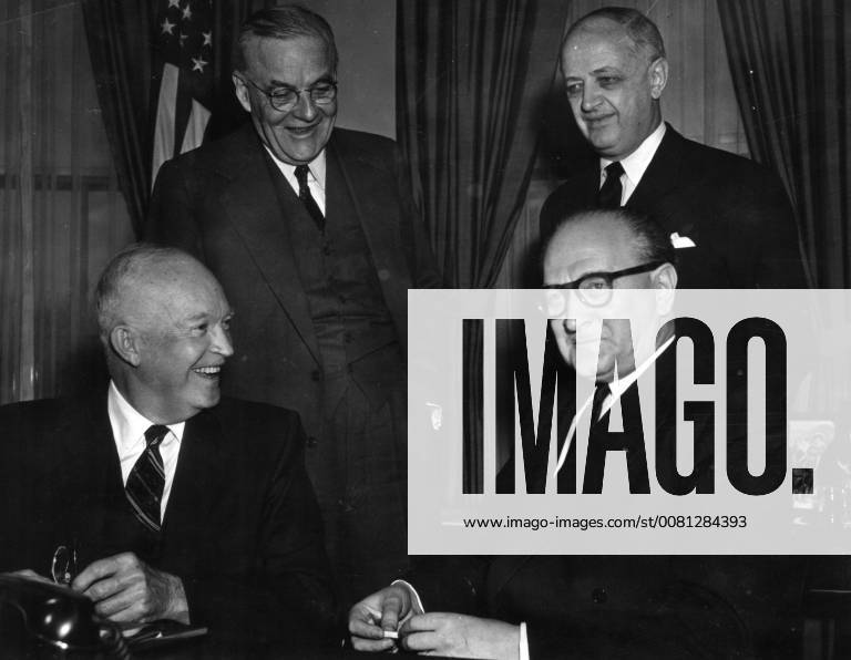 President Dwight Eisenhower, Guy Mollet, John Foster Dulles and Christian Pineau. 28 February 1957, Washington D.C. United States
