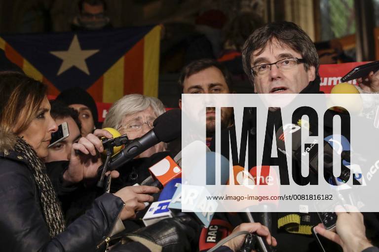 Catalan leader in exile Carles Puigdemont talks to the press during a meeting of Catalans in Leuven, Tuesday 06 February 2018. Today Tuesday 06 February marks 100 days of exile for the Catalan government after they declared indepence from Spain. THIERRYxROGE 05290667
