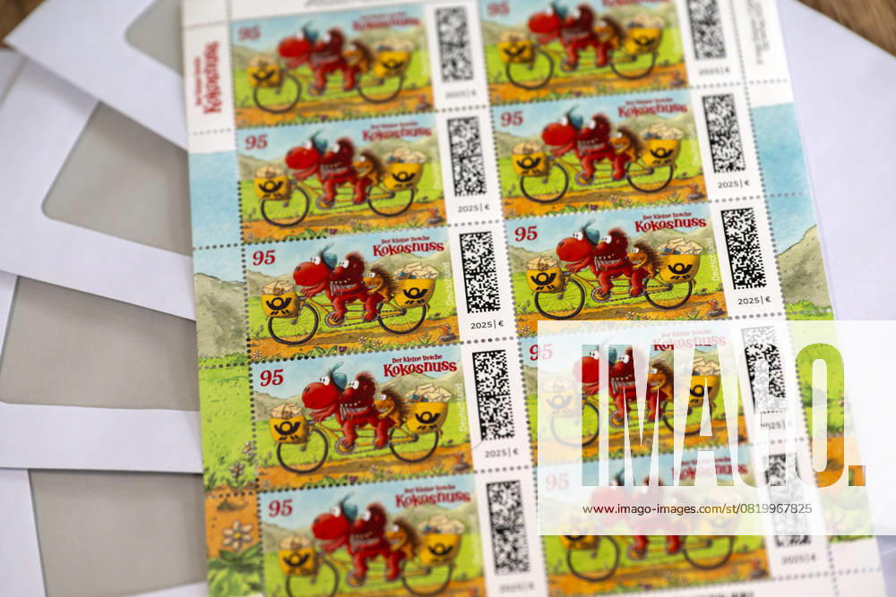 Germany, increase of postage for normal letters, stamp set with 10x 0,95 EURO, special edition The little dragon coconut on the postal bicycle 20 05 2025, stamps 20 05 2025, stamps