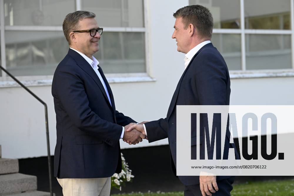Finnish Prime Minister Petteri Orpo (L) welcomes Prime Minister Aksel Vilhelmson Johannesen of the Faroe Islands at the Nordic Prime Ministers Summer Meeting at the Paimio Sanatorium in Paimio, Finland, on May 26, 2025. Finland and Åland together host the informal summer meeting. The discussions of the meeting will focus on two themes: competitiveness and strengthening comprehensive security. Paimio Finland