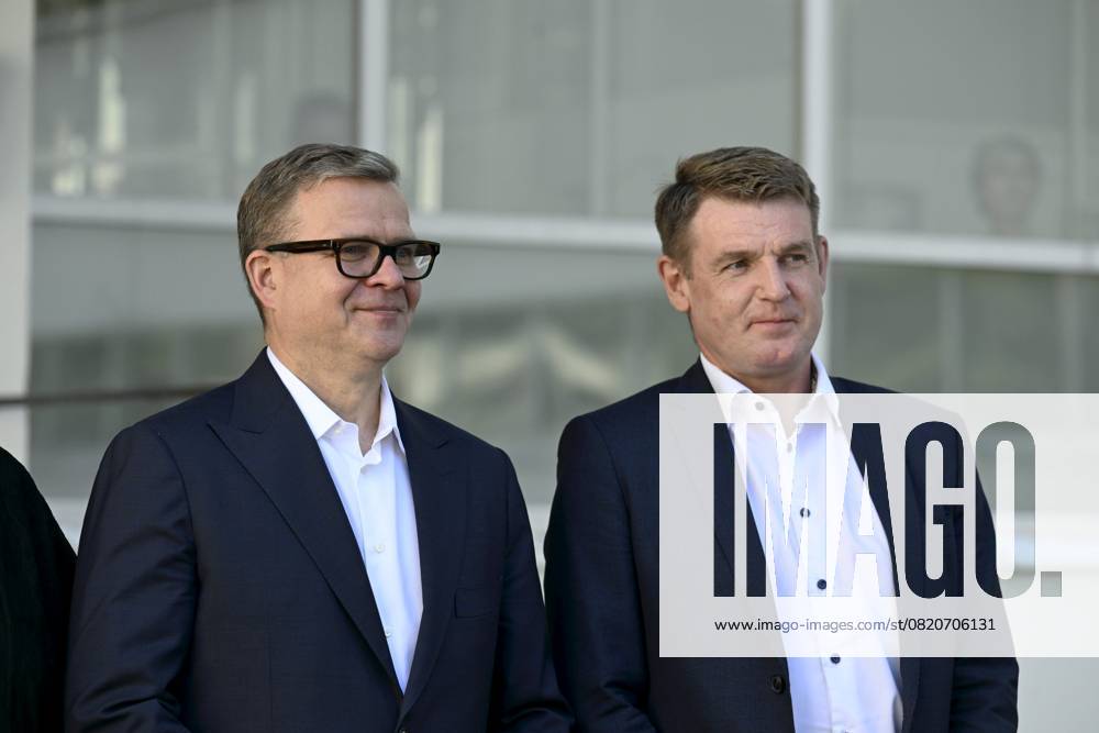 Finnish Prime Minister Petteri Orpo (L) welcomes Prime Minister Aksel Vilhelmson Johannesen of the Faroe Islands at the Nordic Prime Ministers Summer Meeting at the Paimio Sanatorium in Paimio, Finland, on May 26, 2025. Finland and Åland together host the informal summer meeting. The discussions of the meeting will focus on two themes: competitiveness and strengthening comprehensive security. Paimio Finland