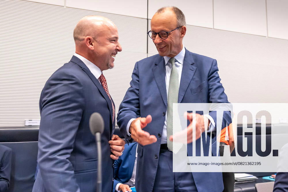 Parliamentary group meeting CDU CSU Federal Chancellor Friedrich Merz CDU and Alexander Hoffmann, CSU regional group chairman at a parliamentary group meeting on 3 06 2025 in Berlin Berlin Berlin Germany Bundestag