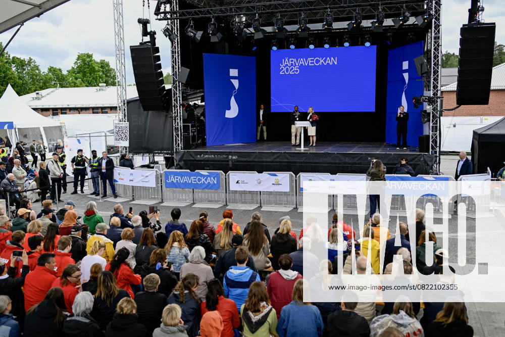 STOCKHOLM, SWEDEN 20250611 Social Democrat Party leader Magdalena Andersson S is thanked after her speech during Järvaveckan at Spanga IP on Wednesday STOCKHOLM SWEDEN