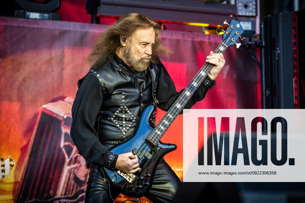 Judas Priest live in Hamar, Norway Hamar, Norway. 14th, June 2025. The English heavy metal band Judas Priest performs a live concert at Tjuvholmen Kro & Arena in Hamar. Here bass player Ian Hill is seen live on stage. Norway, Hamar, Tjuvholmen Arena