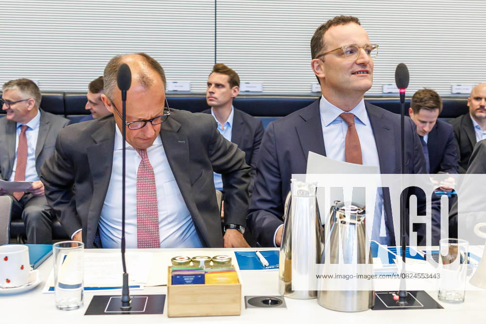 Parliamentary group meeting CDU CSU Federal Chancellor Friedrich Merz CDU , and Jens Spahn at a parliamentary group meeting on 7 07 2025 in Berlin Berlin Berlin Germany Bundestag