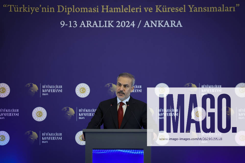 Turkish Foreign Minister Hakan Fidan ANKARA, TURKIYE - DECEMBER 9: Turkish Foreign Minister Hakan Fidan attends the official opening ceremony of the 15th Ambassadors Conference in the capital Ankara, Turkiye on December 9, 2024. Ankara Turkey. Editorial use only. Please get in touch for any other usage.