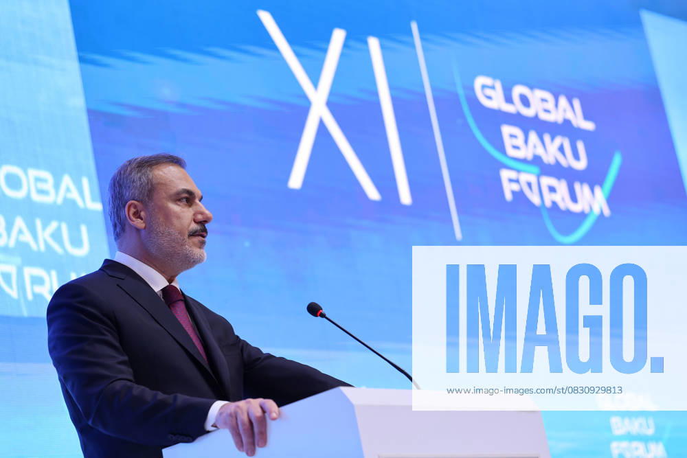 Turkish Foreign Minister Hakan Fidan in Azerbaijan BAKU, AZERBAIJAN - MARCH 15: Turkish Foreign Minister Hakan Fidan makes a speech as he attends the 11th Global Baku Forum organized with the theme Fixing the Fractured World in Baku, Azerbaijan on March 15, 204. Fidan also to attend the 9th Trilateral Foreign Ministers Meeting of Turkiye, Azerbaijan and Georgia. Baki Azerbaijan. Editorial use only. Please get in touch for any other usage.