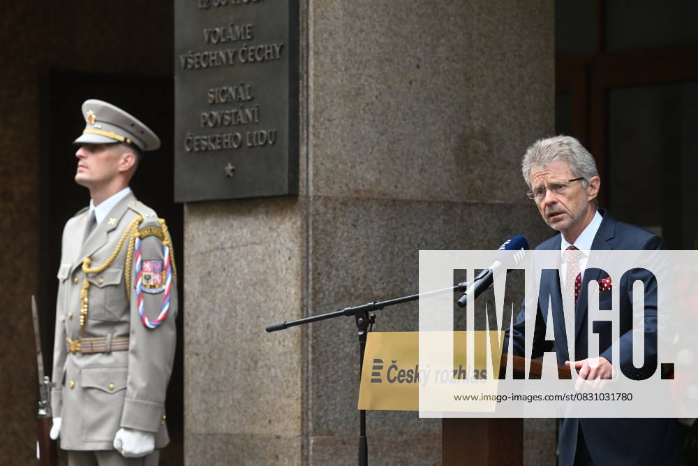 Czech Senate President Milos Vystrcil speaks during the meeting to commemorate the 57th anniversary of occupation of Czechoslovakia by Warsaw Pact troops in front of Czech Radio building in Prague, Czech Republic, August 21, 2025. (CTKxPhoto MichaelaxRihova) CTKPhotoP2025082102885 CTKPhotoP2025082102885