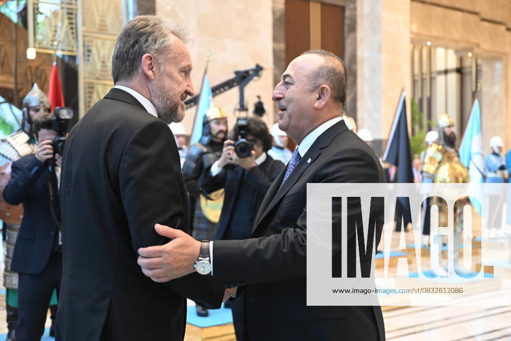 Bosnian Chairman of the Presidency Bakir Izetbegovic arrives in Ankara to attend inauguration ceremony of Turkish President Erdogan ANKARA, TURKIYE - JUNE 03: Turkish Foreign Minister Mevlut Cavusoglu (R) receives Bosnian Chairman of the Presidency Bakir Izetbegovic (L) as Izetbegovic arrives to attend inauguration ceremony of the Turkish President Recep Tayyip Erdogan in Ankara, Turkiye on June 03, 2023. Ankara Turkey. Editorial use only. Please get in touch for any other usage.