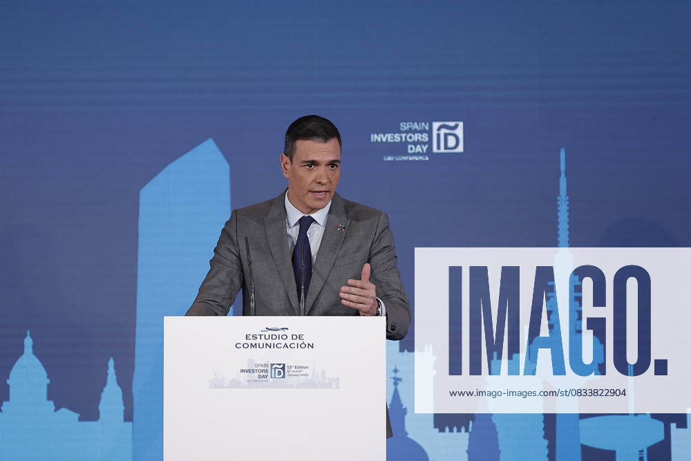 Spanish Prime Minister Pedro Sanchez MADRID, SPAIN - JANUARY 12: Spanish Prime Minister Pedro Sanchez makes the closing speech during the 13th International Finance Forum - Spain Investors Day in Madrid, Spain on January 12, 2023. Madrid Spain. Editorial use only. Please get in touch for any other usage.