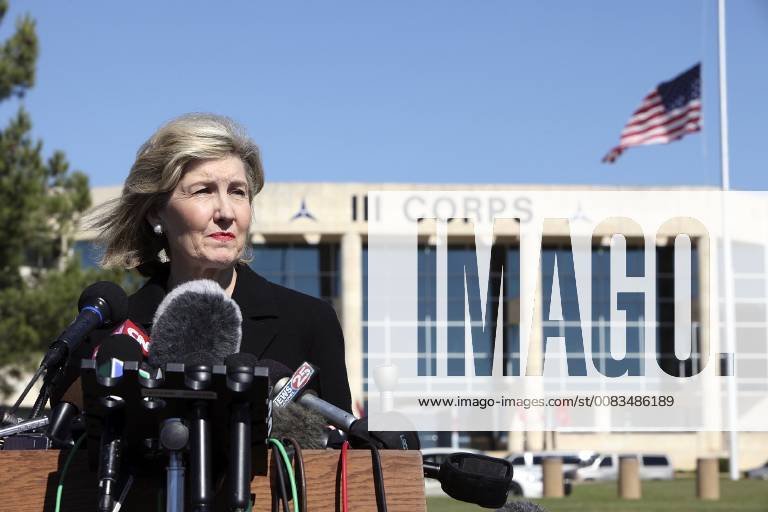 Fort Hood, TEXAS, UNITED STATES - FOR METRO - Senator Kay Bailey Hutchison answers questions from the media outside of III Corps headquarters where an American flag flies at half-staff Friday Nov. 6, 2009 on Fort Hood Army Base in Fort Hood, Tx. EDWARD A. ORNELAS eaornelas@express-news.net) Fort Hood UNITED STATES - ZUMAa27_ 20091106_zaf_a27_008