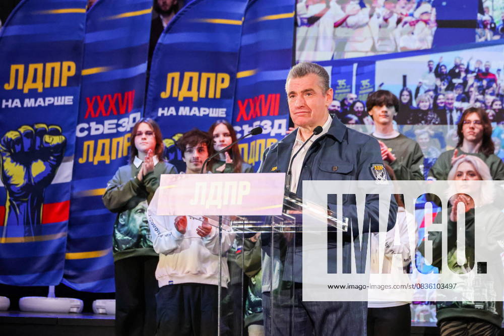RUSSIA, MOSCOW - OCTOBER 2, 2025: Chairman Leonid Slutsky addresses the 37th Congress of the Russian Liberal Democratic Party (LDPR) at the Skolkovo Innovation Centre Moscow Russia - ZUMAt113 20251002_zaa_t113_215