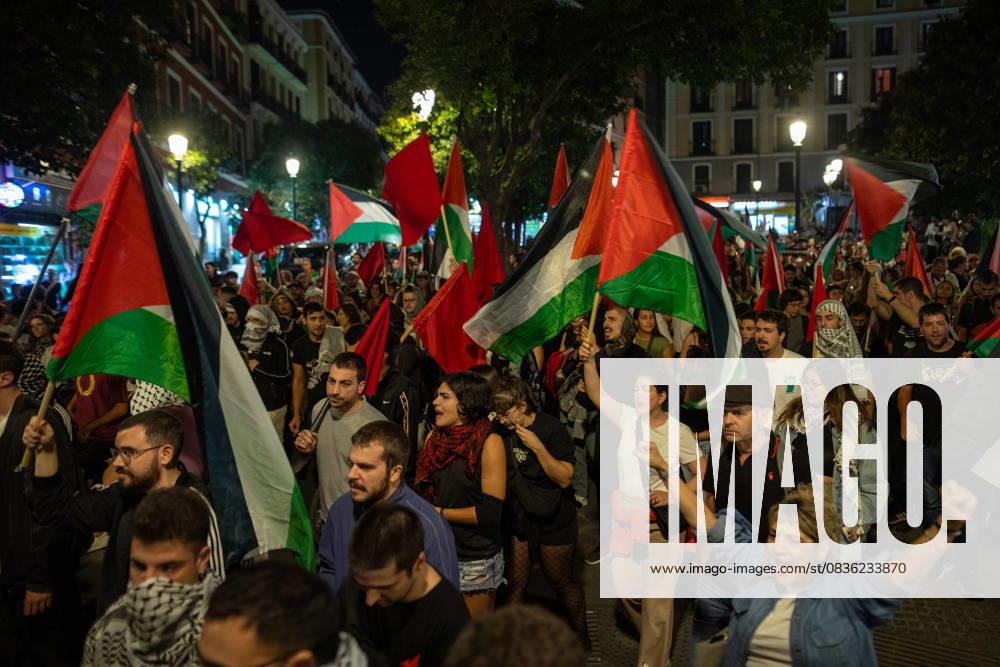 Protesters hold Palestinian flags during a pro-Palestinian demonstration in the Lavapiàs neighborhood of Madrid. Madrid Spain - ZUMAs197 20251003_aaa_s197_528