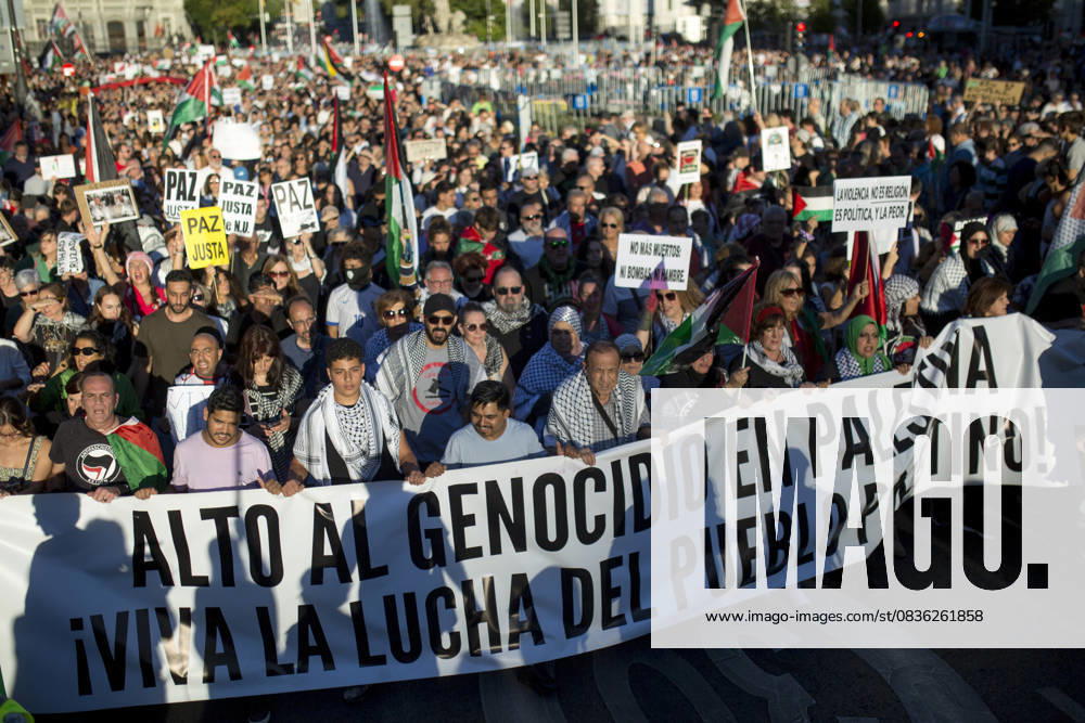 Protesters hold the banner at the top, with the Cibeles Palace visible behind them, during a pro-Palestinian demonstration in central Madrid in solidarity with the Palestinian people in the face of Israeli attacks and condemning the interception by Israeli forces of the Global Sumud Flotilla ships. Madrid Spain - ZUMAs197 20251004_aaa_s197_305