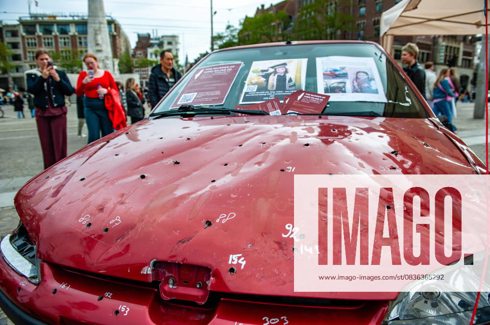 People are taking photos of the car full of bullets. A vehicle representing five-year-old Hind Rajab and her family, who were killed during an Israeli army attack in the Tel al-Hawa area of Gaza in January 2024, has been exhibited in the Netherlands. Amsterdam Netherlands - ZUMAs197 20251005_aaa_s197_614