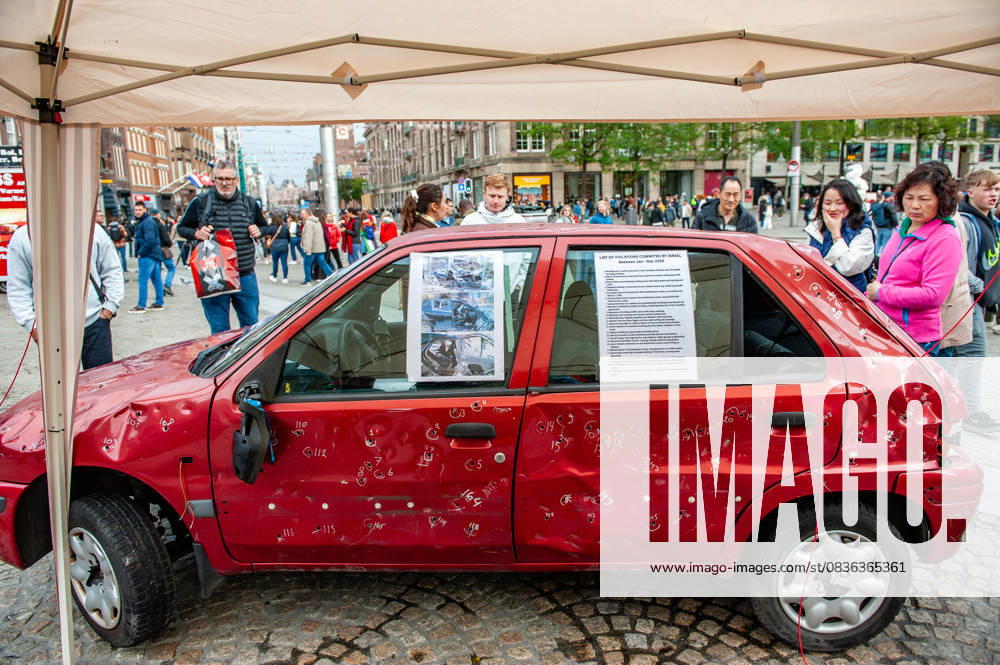 General view of a car full of bullets. A vehicle representing five-year-old Hind Rajab and her family, who were killed during an Israeli army attack in the Tel al-Hawa area of Gaza in January 2024, has been exhibited in the Netherlands. Amsterdam Netherlands - ZUMAs197 20251005_aaa_s197_616