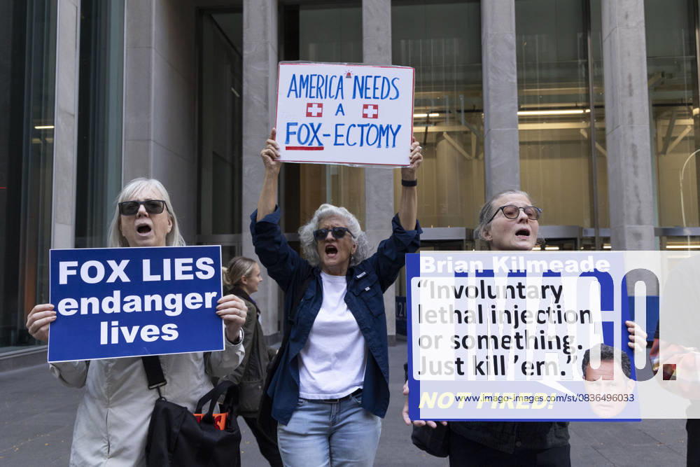 Demonstrators denouncing Fox News as extremist right-wing propaganda in support of President Trump s administration hold signs that read FOX LIES endanger lives AMERICA NEEDS A FOX-ECTOMY and a sign with an image and quote from Fox anchor B. Kilmeade that reads Brian Kilmeade Involuntary lethal injection or something. Just kill em. NOT FIRED! outside of News Corp s Fox News Channel in midtown Manhattan. Protesters with the activist groups Rise & Resist and Truth Tuesdays come to Fox News weekly for a peaceful demonstration calling for truth in journalism and denouncing authoritarianism, oligarchy, fascism, and Trump s agenda. New York USA - ZUMAr174 20251007_znp_r174_019