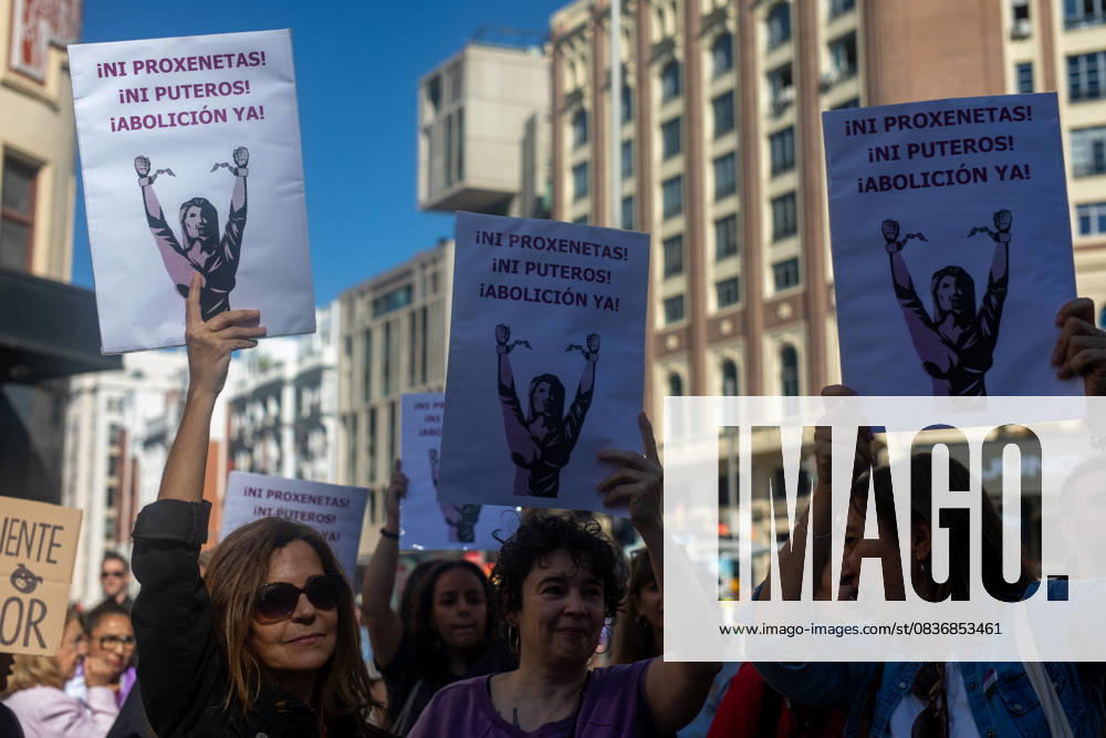 Protesters hold placards during a demonstration. Demonstration organized by the Madrid Feminist Movement (MFM) under the slogan Abolitionist Law Now, to demand that the Spanish government and political groups approve the prostitution abolitionist law was held in Madrid s Plaza del Callao. Madrid Spain - ZUMAs197 20251011_aaa_s197_148