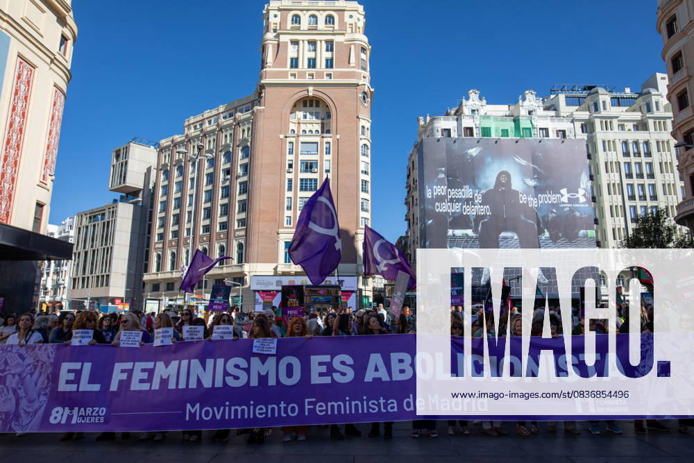 Protesters hold a large banner during a demonstration. Demonstration organized by the Madrid Feminist Movement (MFM) under the slogan Abolitionist Law Now, to demand that the Spanish government and political groups approve the prostitution abolitionist law was held in Madrid s Plaza del Callao. Madrid Spain - ZUMAs197 20251011_aaa_s197_156