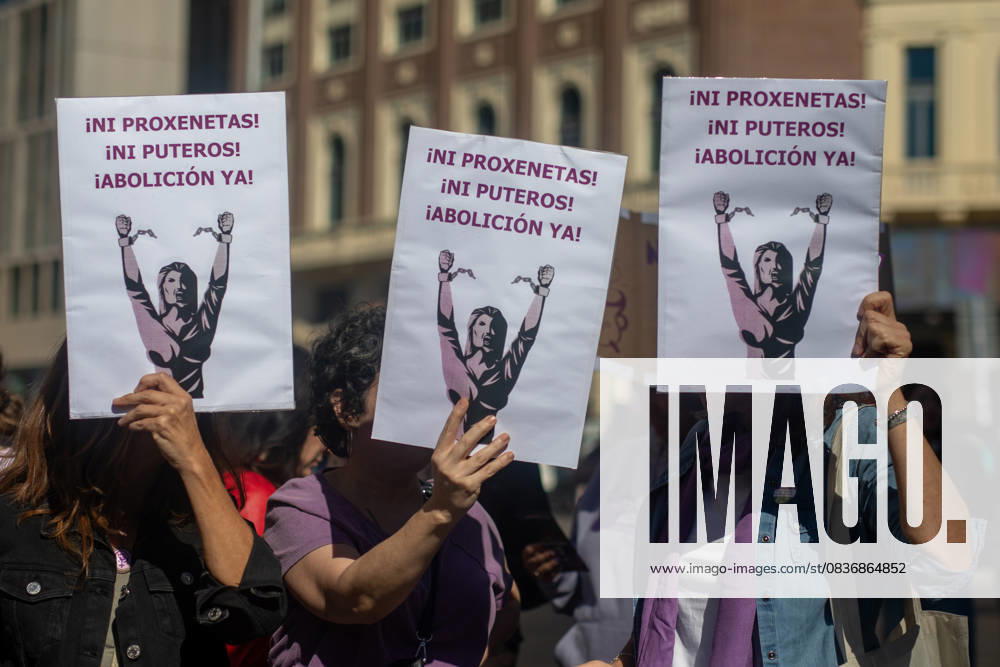 Protesters hold placards during a demonstration organized by the Madrid Feminist Movement (MFM) under the slogan Abolitionist Law Now, to demand that the Spanish government and political groups approve a prostitution abolitionist law. Madrid Spain - ZUMAs197 20251011_aaa_s197_158