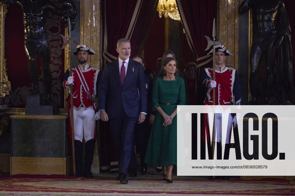 KING FELIPE VI of Spain and QUEEN LETIZIA of Spain CROWN PRINCESS LEONOR of Spain and PRINCESS SOFIA of Spain attend a reception during the National Day at the Royal Palace Madrid Spain - ZUMAc260 20251012_zep_c260_019