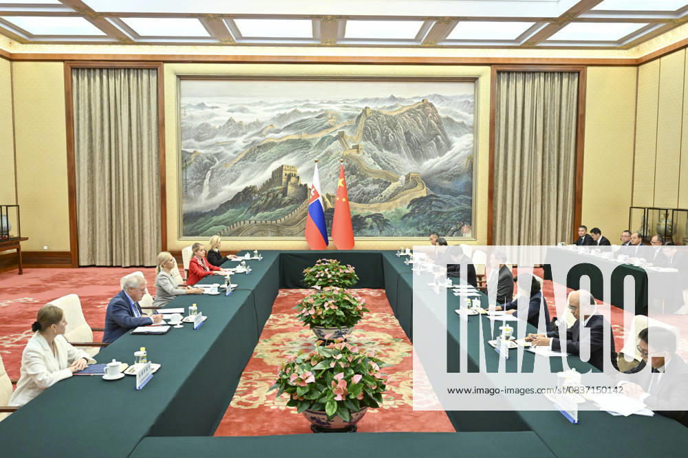 (251014) -- BEIJING, Oct. 14, 2025 -- Chinese Vice Premier He Lifeng, also a member of the Political Bureau of the Communist Party of China Central Committee, meets with Slovak Deputy Prime Minister and Minister of Economy Denisa Sakova at the Great Hall of the People in Beijing, capital of China, Oct. 14, 2025. ) CHINA-BEIJING-HE LIFENG-SLOVAK COUNTERPART-MEETING (CN) YinxBogu