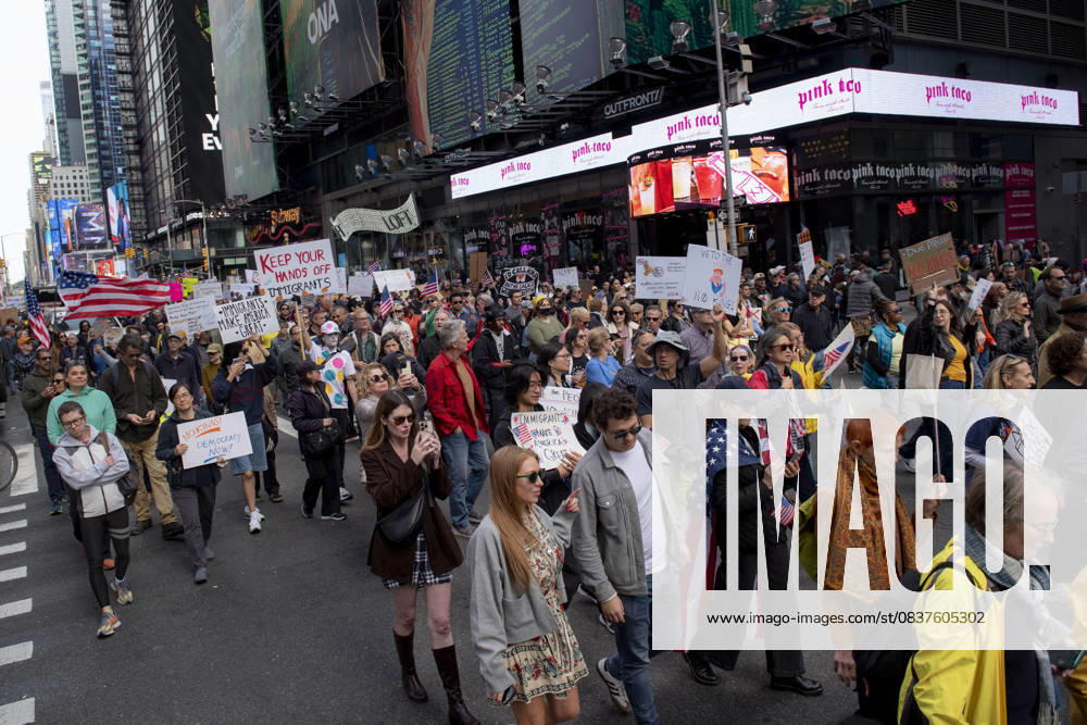 Protesters march down Broadway during the Ã¢â‚¬oeNo KingsÃ¢â‚¬Â rally in New York, Saturday, Oct. 18, 2025. The demonstration began in Times Square and ended in Union Square, drawing an estimated 50,000 people who joined others across the country calling for the protection of democratic institutions and denouncing authoritarian leadership. Organizers said more than 5 million people participated in over 2,000 marches nationwide. New York USA - ZUMAa306 20251018_znp_a306_011