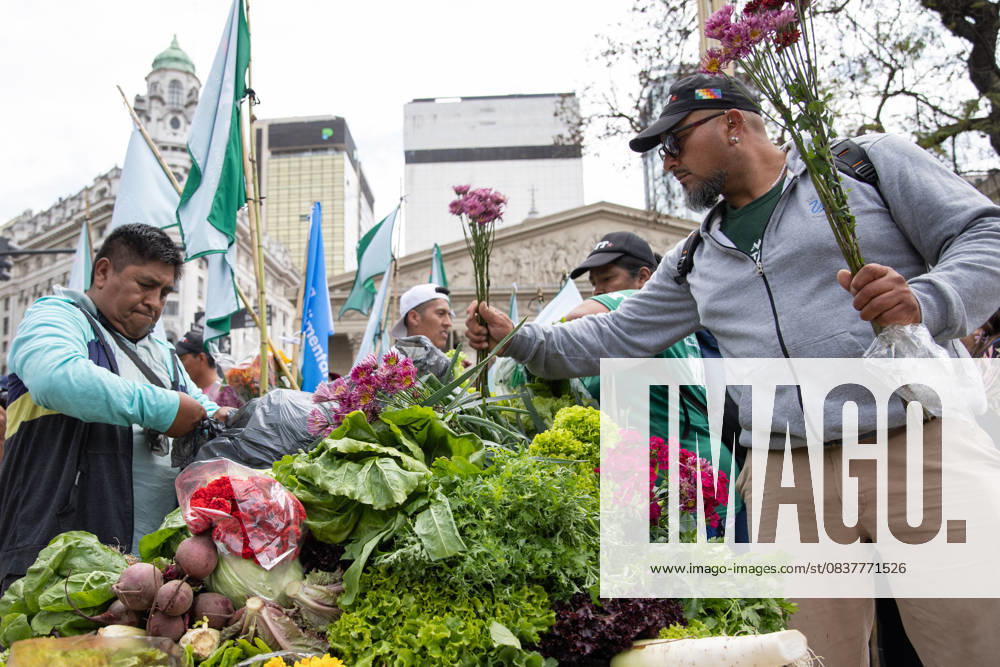 Farmers Hand Out Flowers and Fresh Vegetables in Plaza de Mayo. A peaceful protest against the sectorÃ¢â‚¬â ¢s production and consumption crisis. Buenos Aires Argentina - ZUMAp265 20251016_zip_p265_006