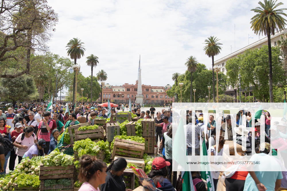 Fresh Food Distributed in Plaza de Mayo. Farmers protest the sectorâ€⠢s production and consumption crisis with harvest in hand. Buenos Aires Argentina - ZUMAp265 20251016_zip_p265_008